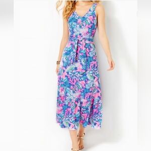 Lilly Pulitzer NWOT Madsen V-Neck Blue Tang Sitting Seaside Midi Dress